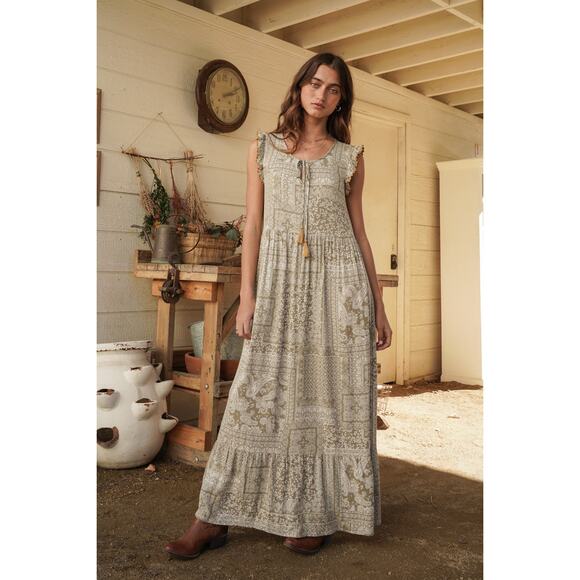 Hem & Thread Dresses & Skirts - Hem & Thread PATCHWORK PRINT TASSEL TIE MAXI DRESS Olive